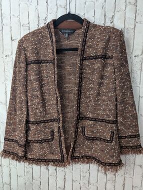 Ming Wang Brown Tweed Open-Front Fringed Trim Blazer